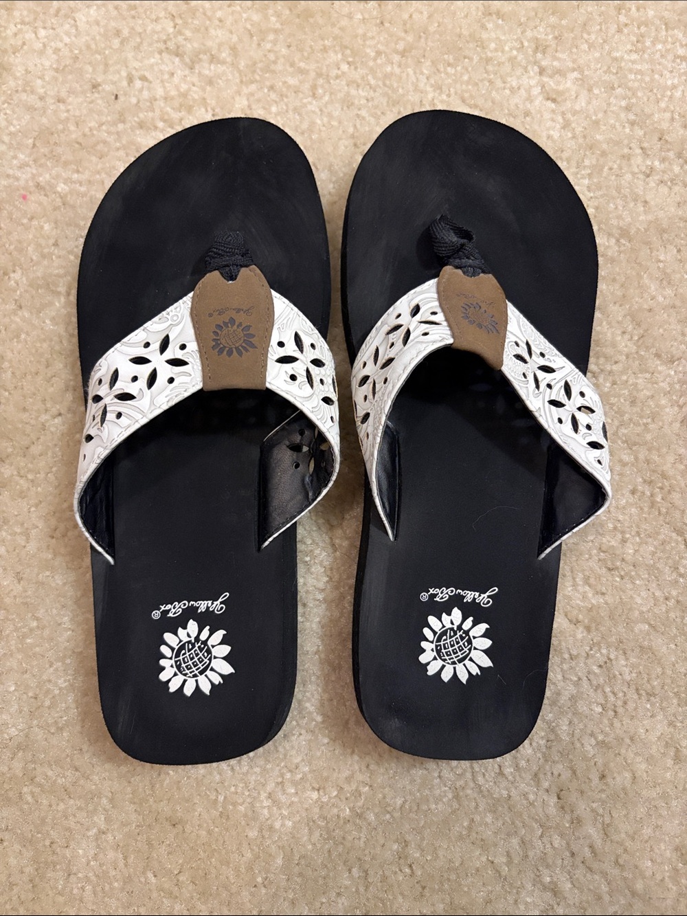 Yellow Box Black Footbed White Floral Cutout Thong Sandals